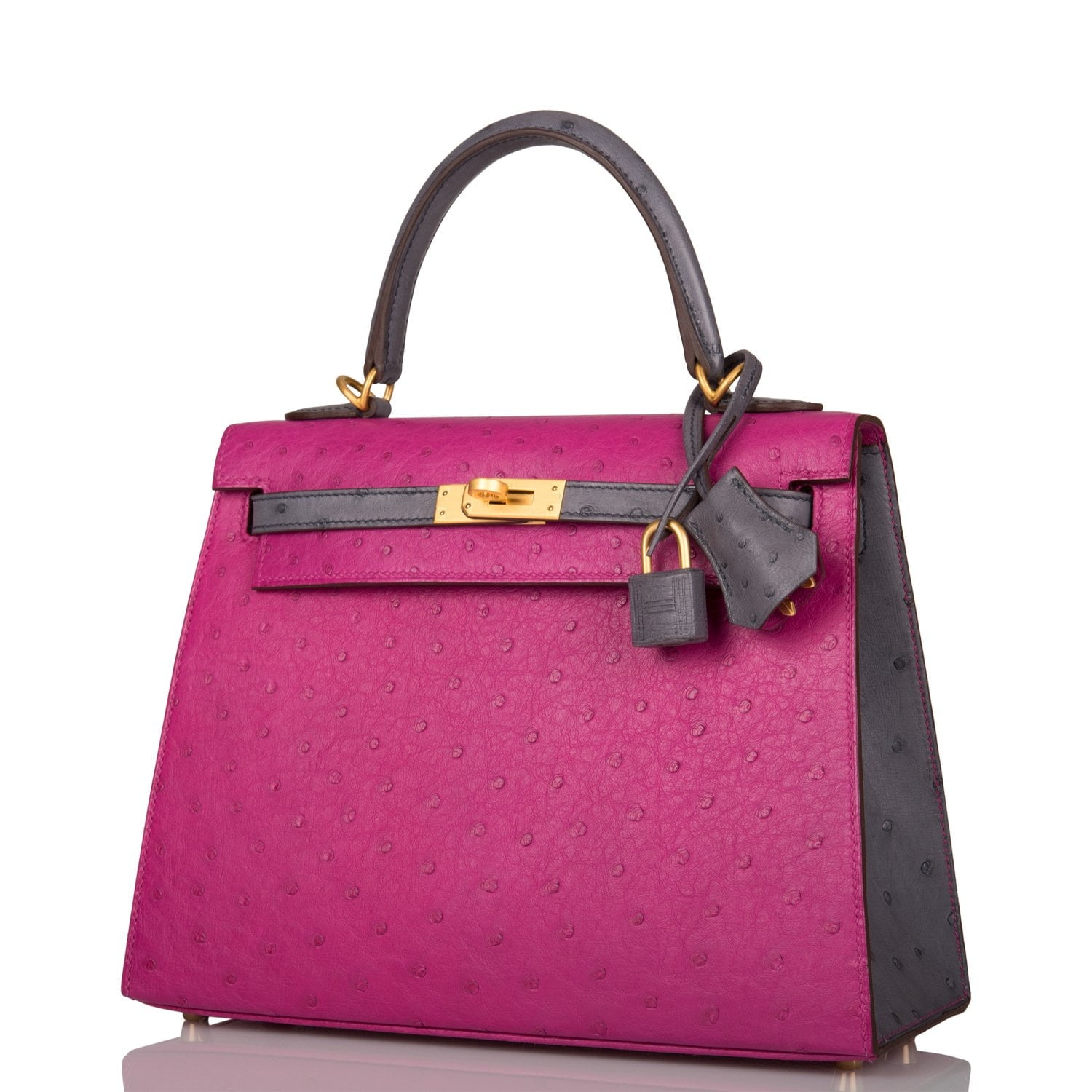 Hermes Special Order (HSS) Kelly Sellier 25 Rose Pourpre and Gris Agate Ostrich Brushed Gold Hardware