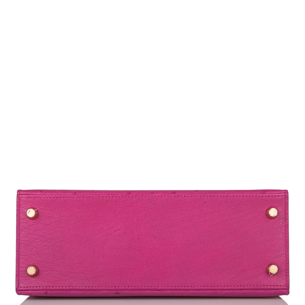 Hermes Special Order (HSS) Kelly Sellier 25 Rose Pourpre and Gris Agate Ostrich Brushed Gold Hardware