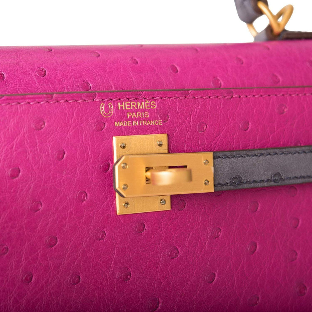 Hermes Special Order (HSS) Kelly Sellier 25 Rose Pourpre and Gris Agate Ostrich Brushed Gold Hardware