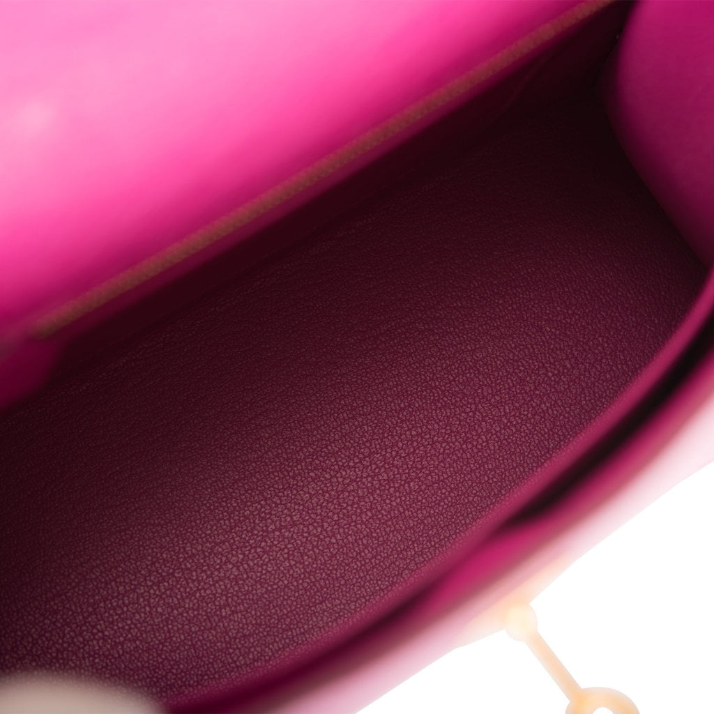 Hermes Special Order (HSS) Kelly Sellier 25 Rose Pourpre and Gris Agate Ostrich Brushed Gold Hardware