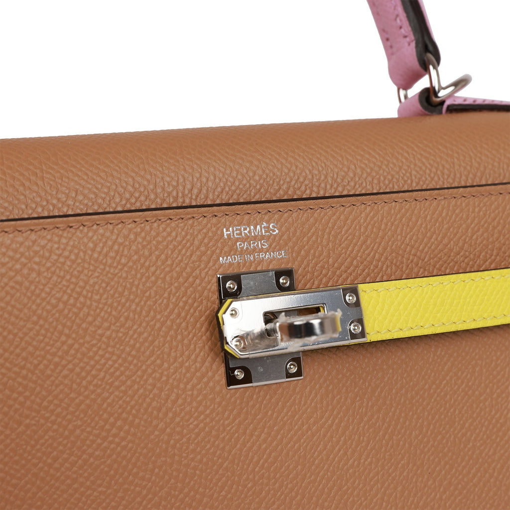 Hermes Kelly Sellier 25 Tri-Color Chai, Lime and Mauve Sylvestre Epsom Palladium Hardware