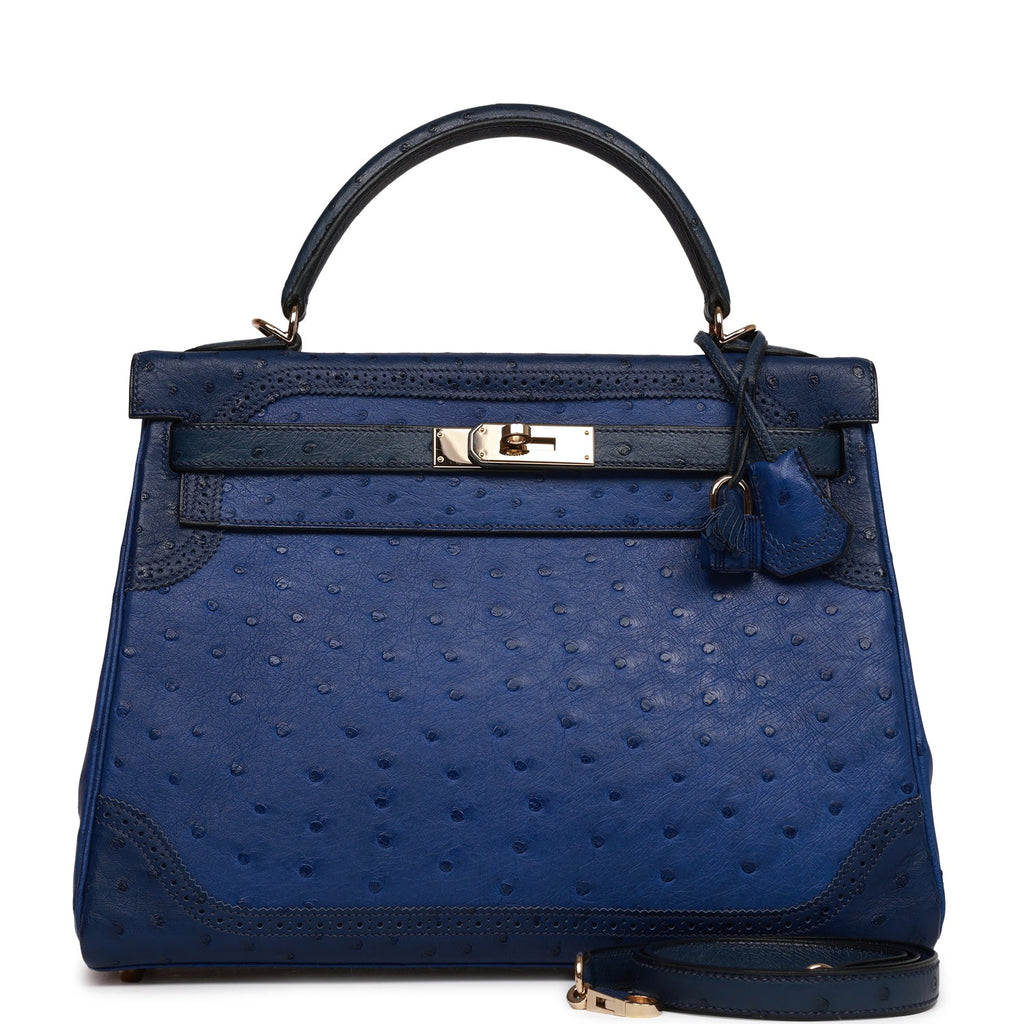 d Hermes Ghillies Kelly Retourne 32 Bleu Saphir, Bleu Iris and Bleu de Malte Ostrich Permabrass Hardware