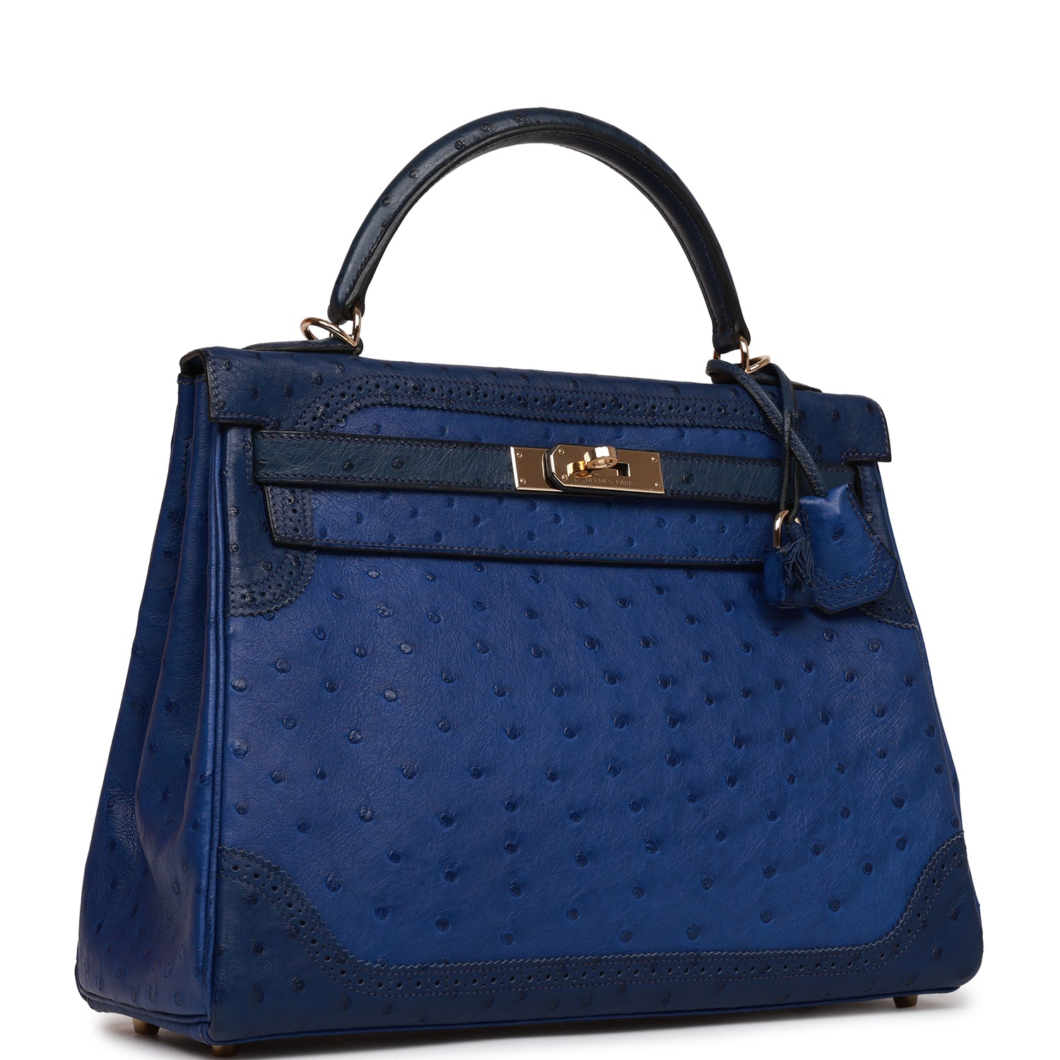 d Hermes Ghillies Kelly Retourne 32 Bleu Saphir, Bleu Iris and Bleu de Malte Ostrich Permabrass Hardware
