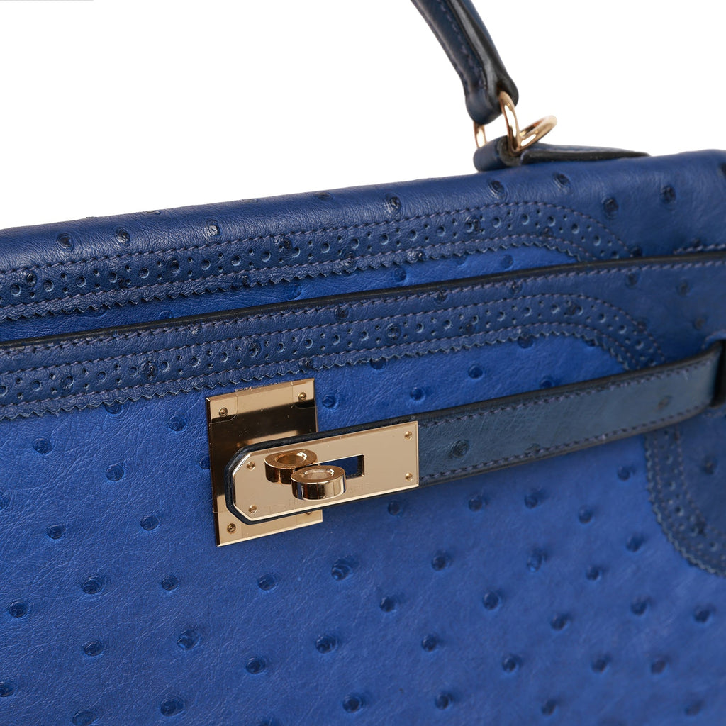 d Hermes Ghillies Kelly Retourne 32 Bleu Saphir, Bleu Iris and Bleu de Malte Ostrich Permabrass Hardware