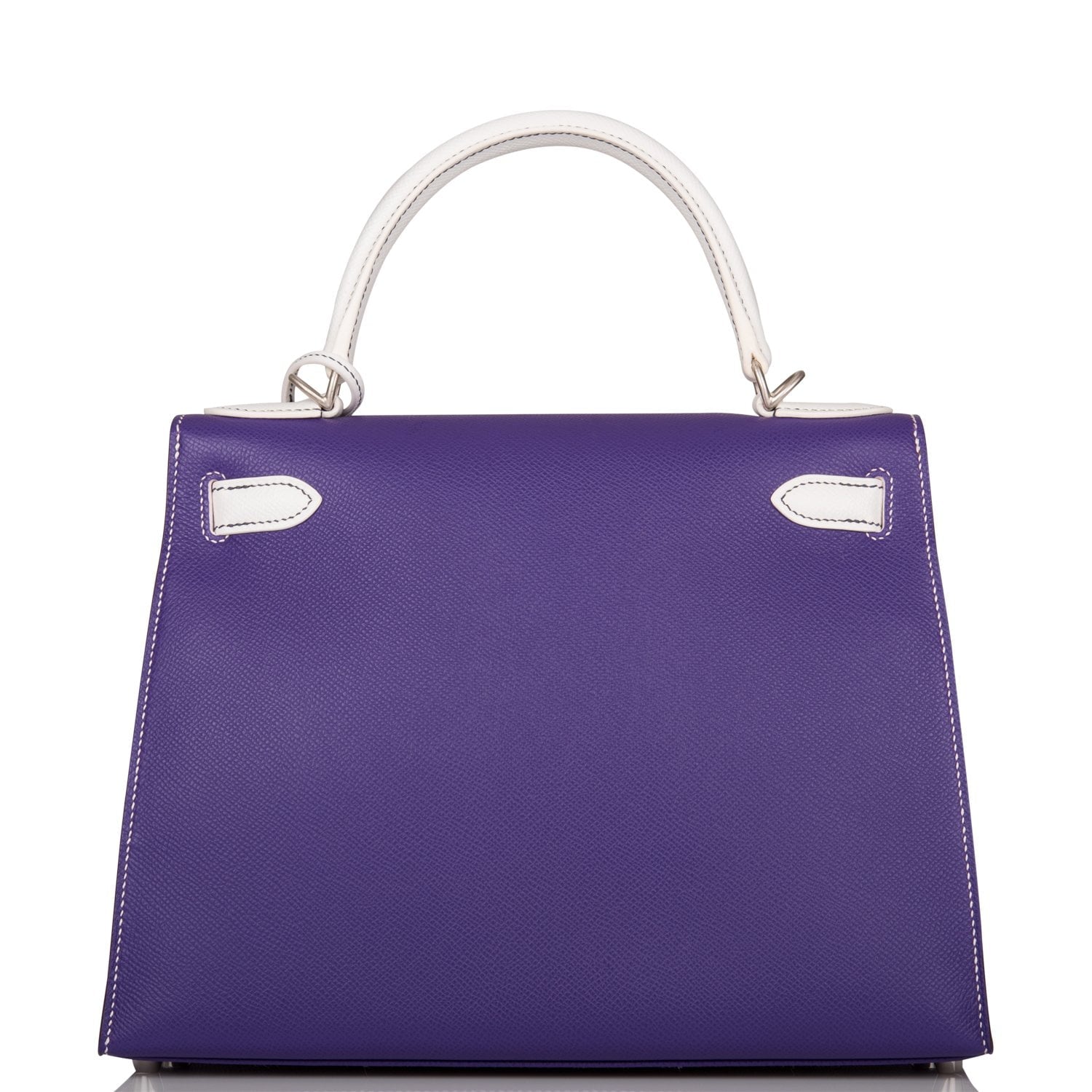 Hermes Special Order (HSS) Kelly Sellier 28 Crocus and White Epsom Brushed Palladium Hardware