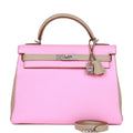 d Hermes Special Order (HSS) Kelly Retourne 32 Bubblegum and Gris Tourterelle Clemence Brushed Palladium Hardware