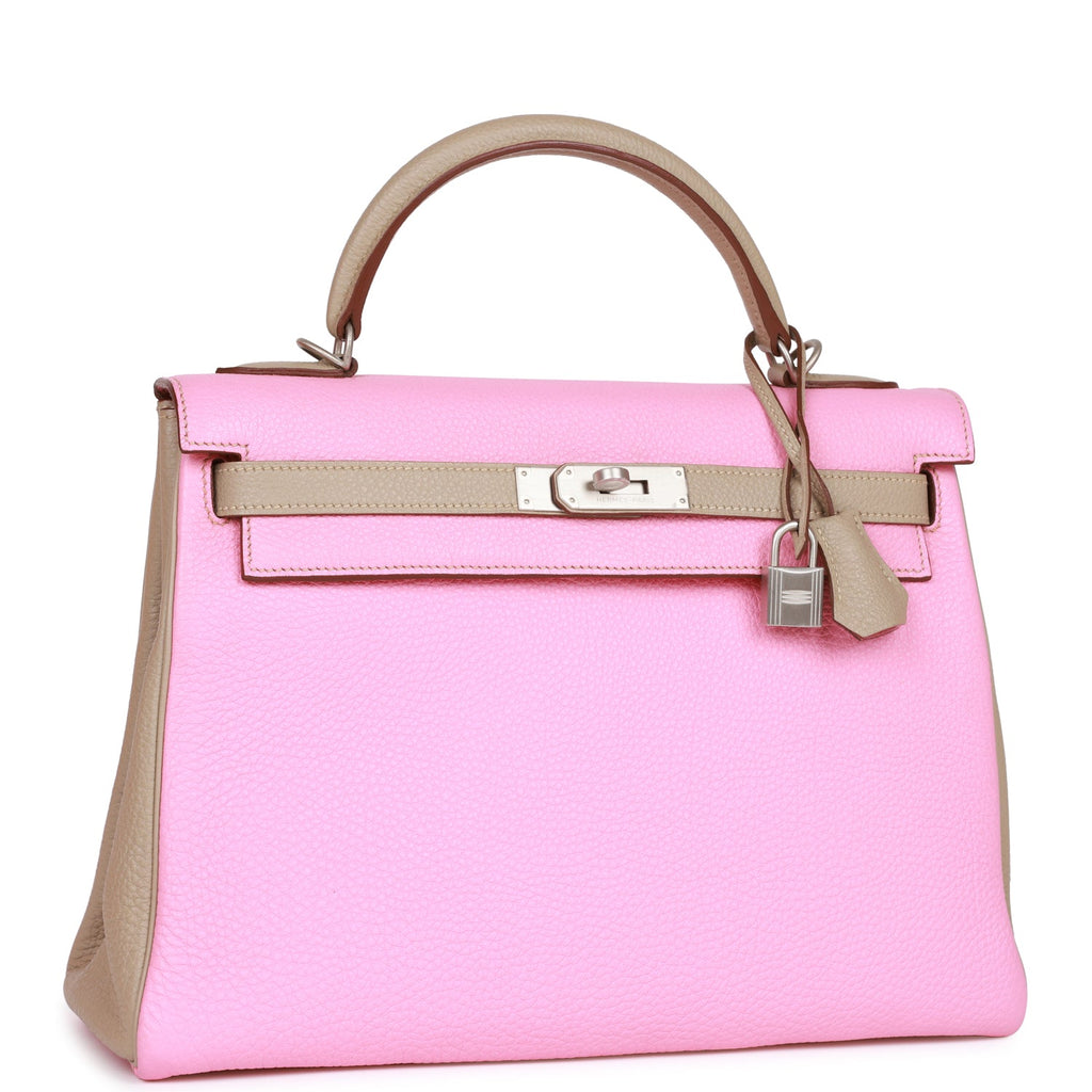 d Hermes Special Order (HSS) Kelly Retourne 32 Bubblegum and Gris Tourterelle Clemence Brushed Palladium Hardware