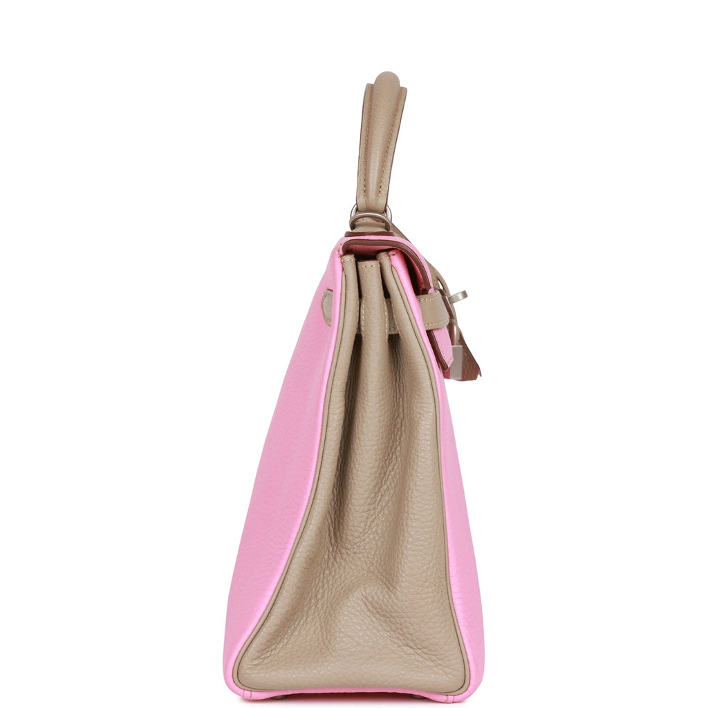 d Hermes Special Order (HSS) Kelly Retourne 32 Bubblegum and Gris Tourterelle Clemence Brushed Palladium Hardware