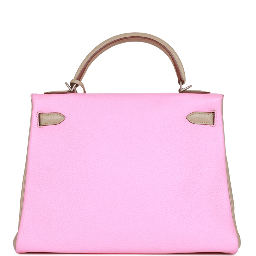 d Hermes Special Order (HSS) Kelly Retourne 32 Bubblegum and Gris Tourterelle Clemence Brushed Palladium Hardware