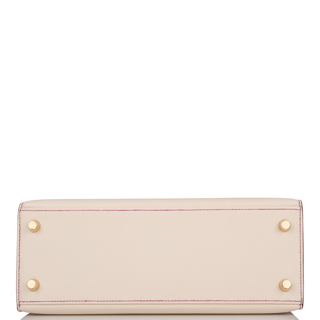 Hermes Special Order (HSS) Kelly Sellier 25 Rose Pourpre and Craie Epsom Brushed Gold Hardware