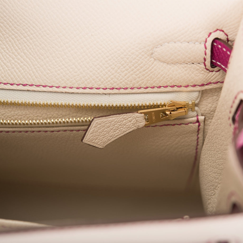 Hermes Special Order (HSS) Kelly Sellier 25 Rose Pourpre and Craie Epsom Brushed Gold Hardware