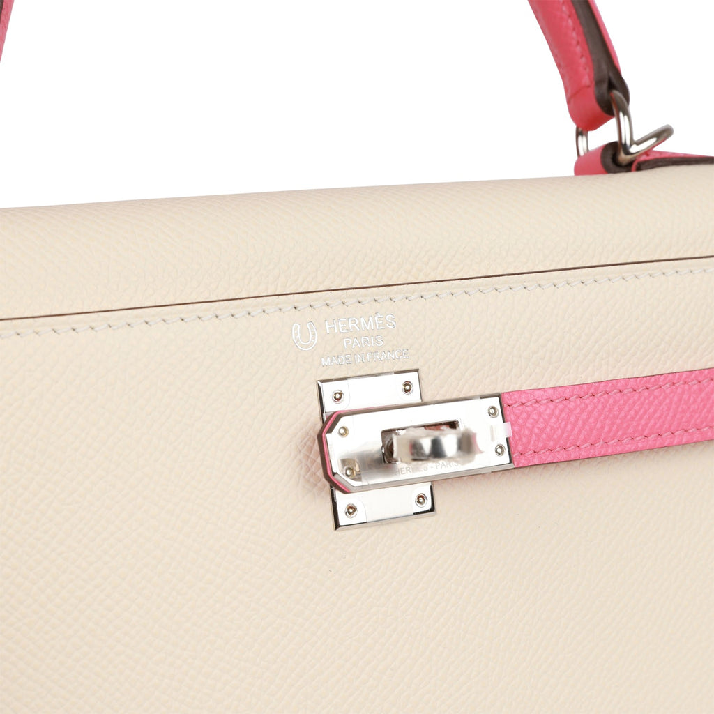 Hermes Special Order (HSS) Kelly Sellier 25 Nata and Rose Azalee Epsom Palladium Hardware