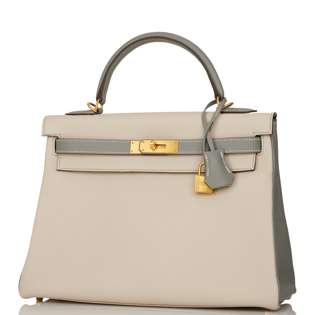 Pre-owned Hermes Special Order (HSS) Kelly Retourne 32 Craie and Gris Mouette Togo Brushed Gold Hardware