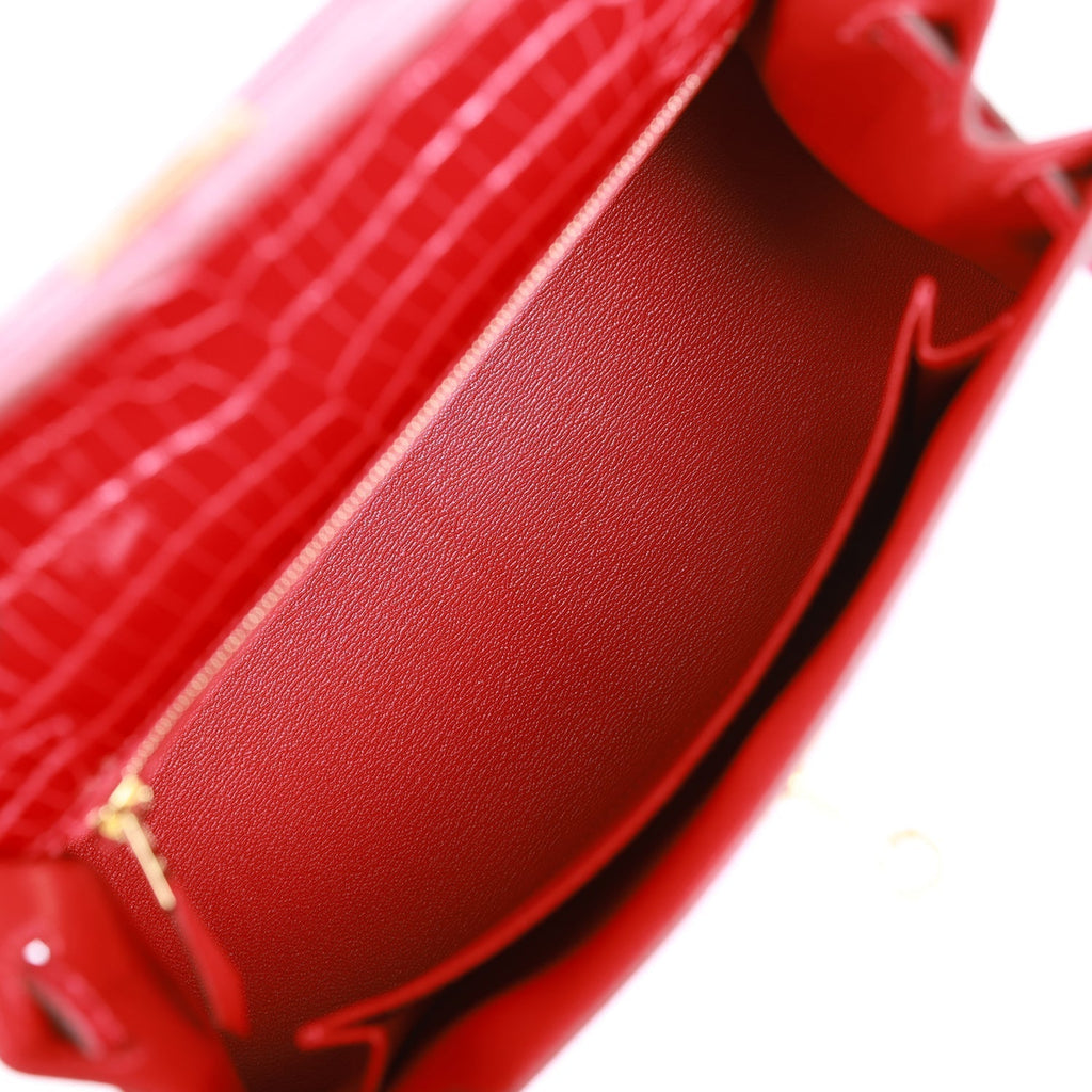 Hermes Kelly Sellier 25 Braise Shiny Porosus Crocodile Gold Hardware