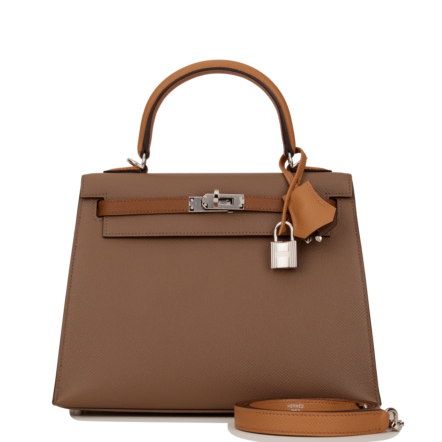 Hermes Kelly Sellier 25 Tri-Color Etoupe, Alezan and Biscuit Epsom Palladium Hardware