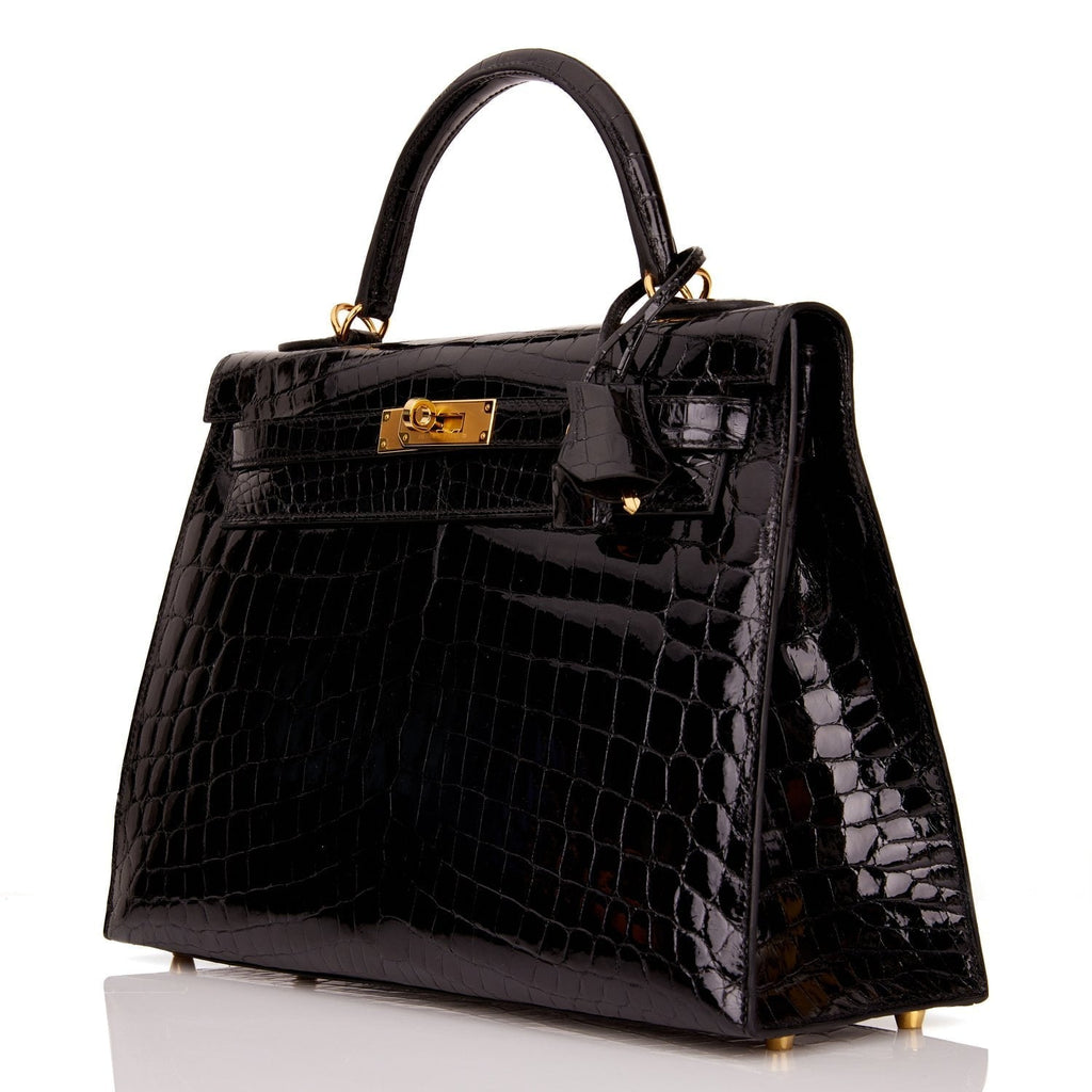 Hermes Kelly Sellier 32 Black Shiny Niloticus Crocodile Gold Hardware