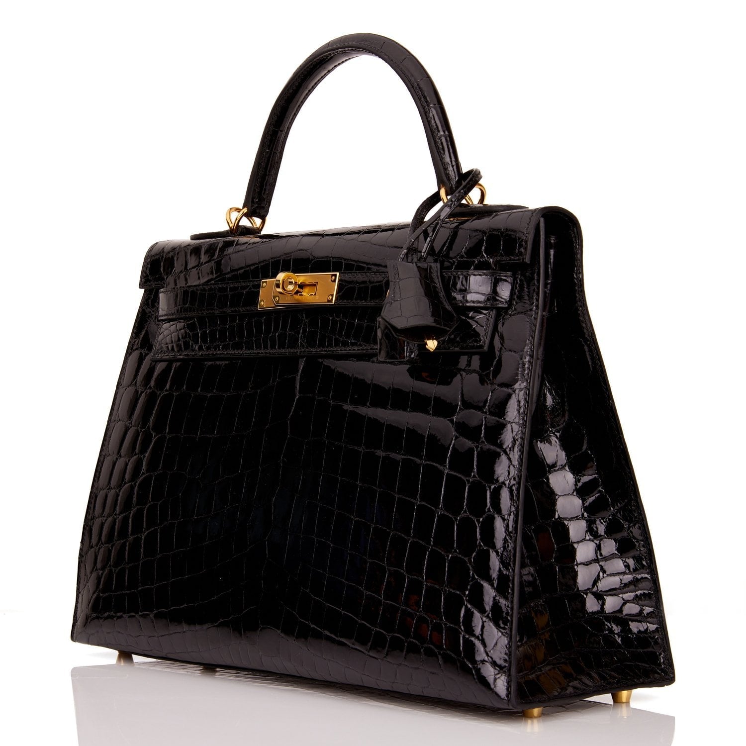 Hermes Kelly Sellier 32 Black Shiny Niloticus Crocodile Gold Hardware
