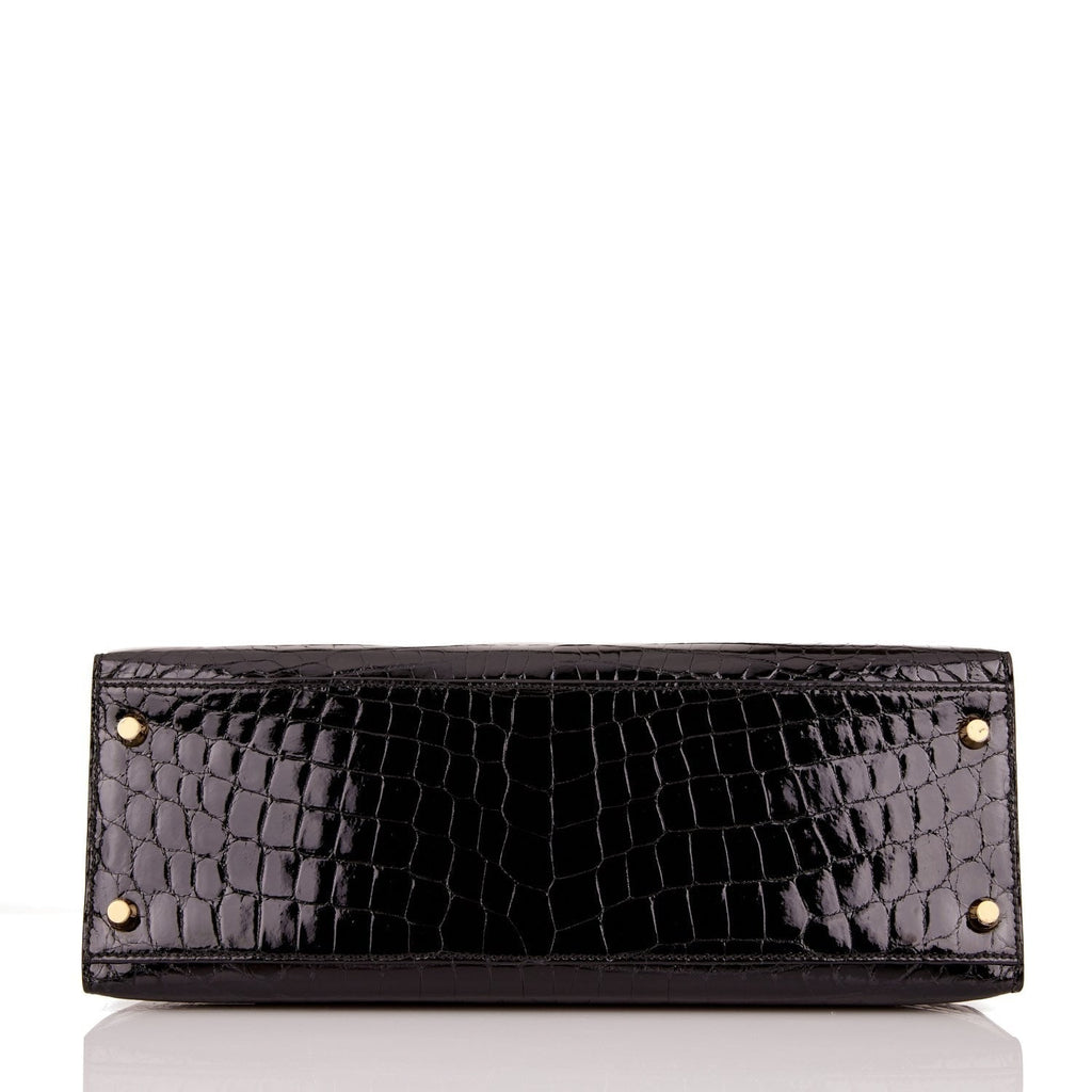 Hermes Kelly Sellier 32 Black Shiny Niloticus Crocodile Gold Hardware