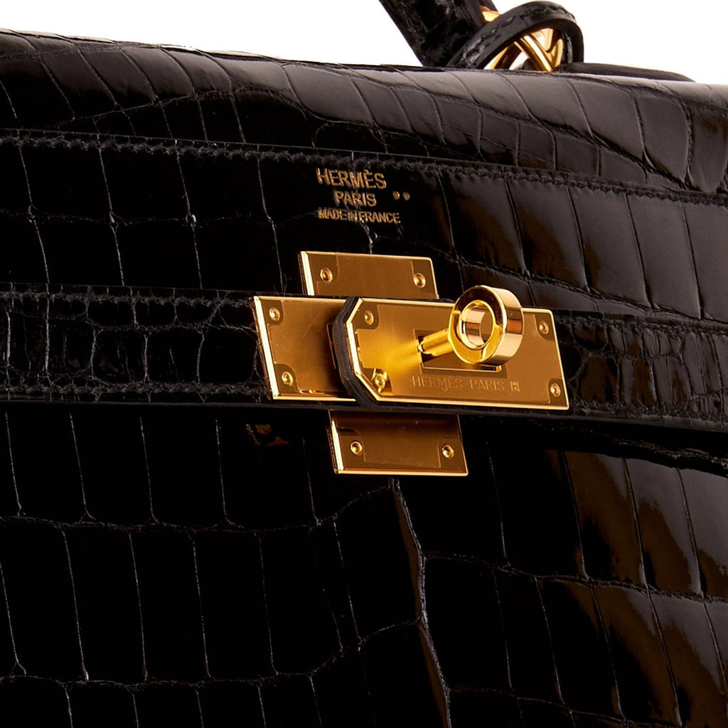 Hermes Kelly Sellier 32 Black Shiny Niloticus Crocodile Gold Hardware