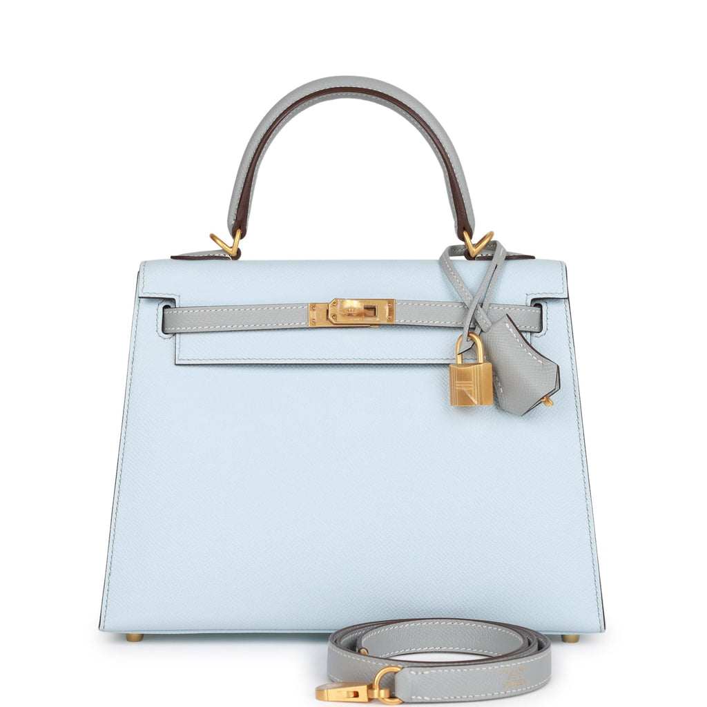Hermes Special Order (HSS) Kelly Sellier 25 Bleu Brume and Bleu Glacier Epsom Brushed Gold Hardware - Remaining Payment 1