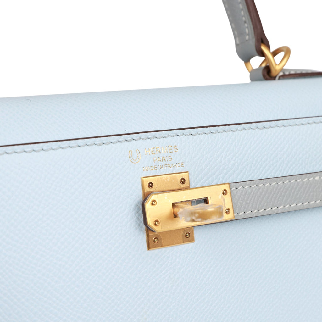 Hermes Special Order (HSS) Kelly Sellier 25 Bleu Brume and Bleu Glacier Epsom Brushed Gold Hardware - Remaining Payment 2