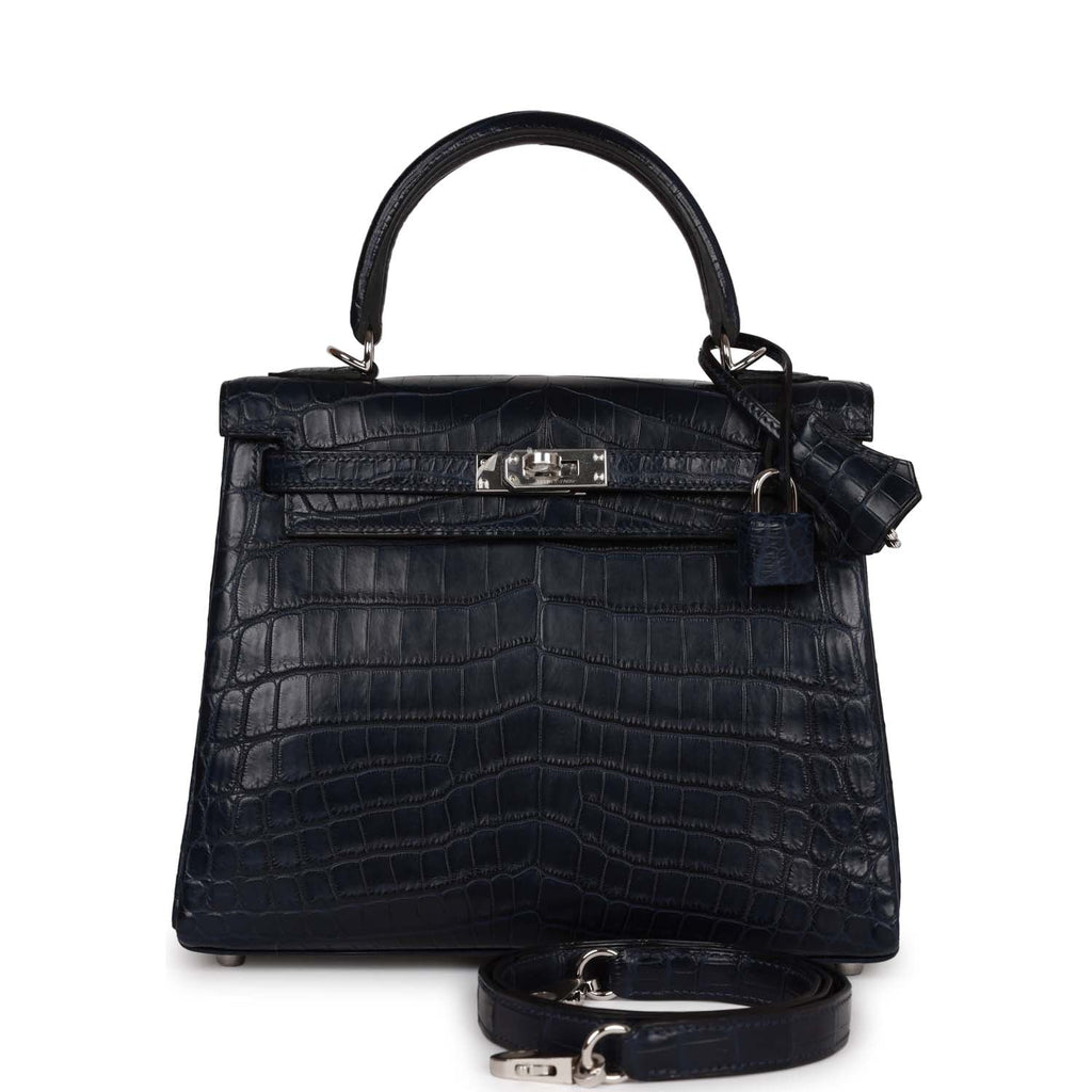 Hermes Kelly Retourne 25 Bleu Indigo Matte Niloticus Crocodile Palladium Hardware