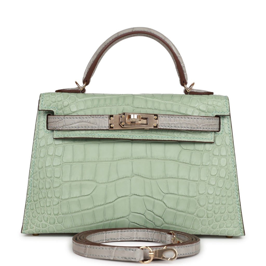Hermes Special Order (HSS) Kelly Sellier 20 Vert D'eau and Gris Perle Matte Alligator Permabrass Hardware