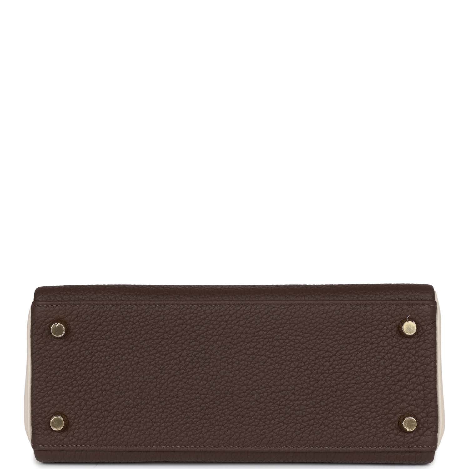 Hermes Special Order (HSS) Kelly Retourne 25 Ebene and Craie Togo Gold Hardware
