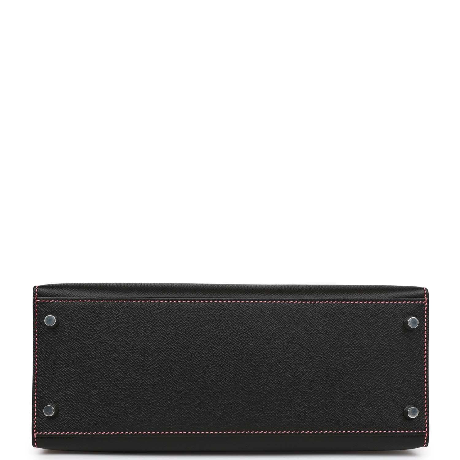 Pre-owned Hermes Special Order (HSS) Kelly Sellier 28 Black and Rose Azalee Epsom Brushed Palladium Hardware