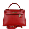 Vintage Hermès Kelly Sellier 32 Rouge Vif Box Gold Hardware