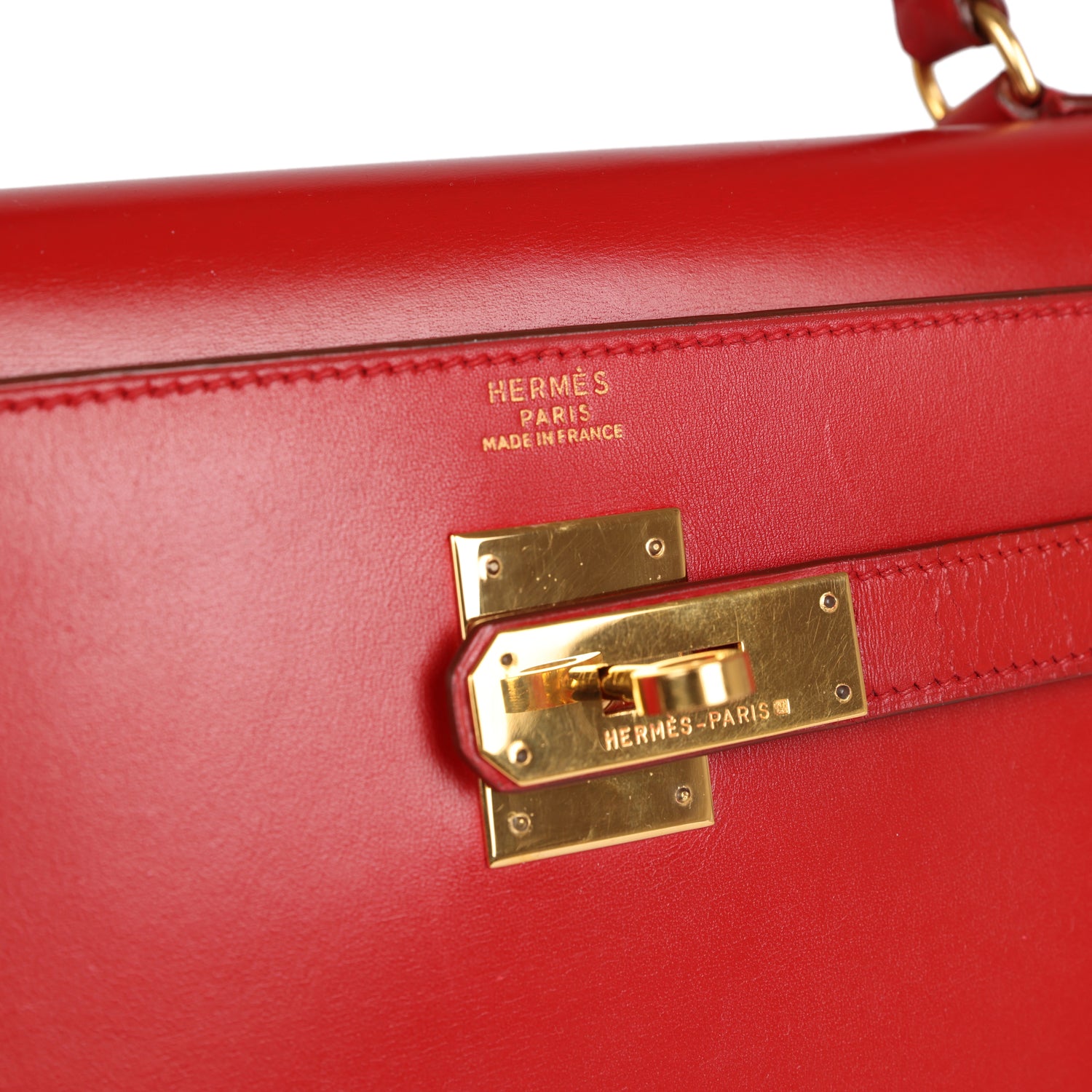 Vintage Hermès Kelly Sellier 32 Rouge Vif Box Gold Hardware
