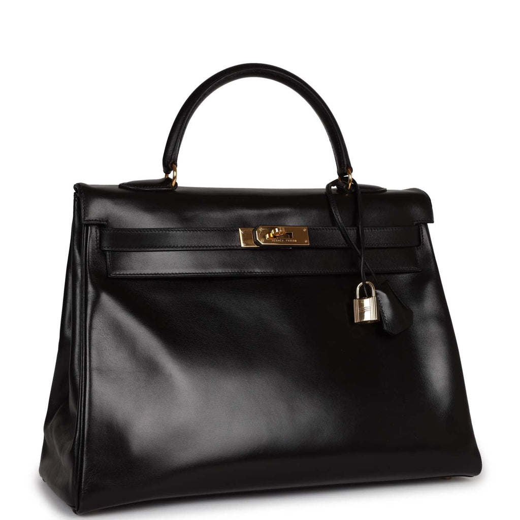 Vintage Hermes Kelly 35 Retourne Black Box Gold Hardware