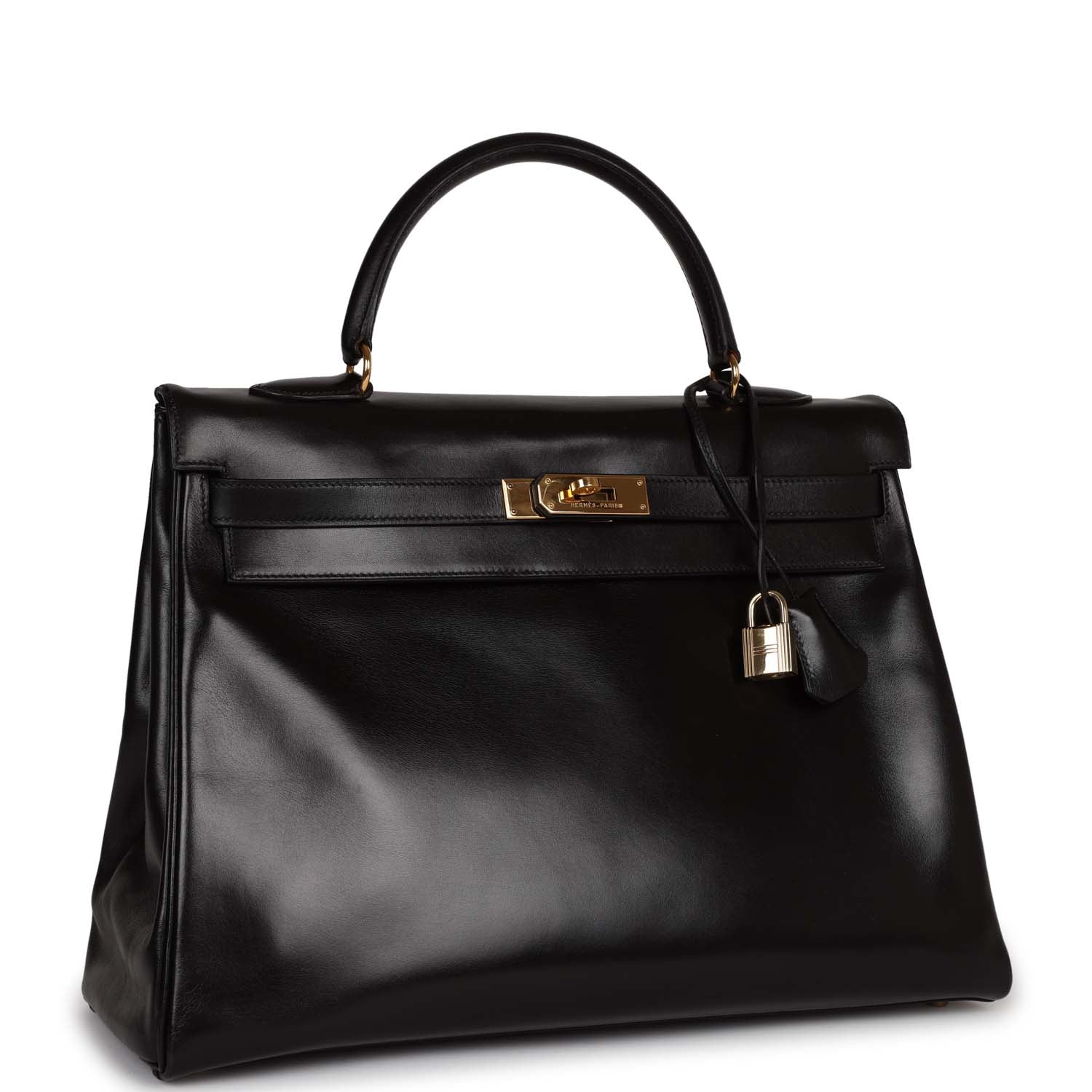 Vintage Hermes Kelly 35 Retourne Black Box Gold Hardware
