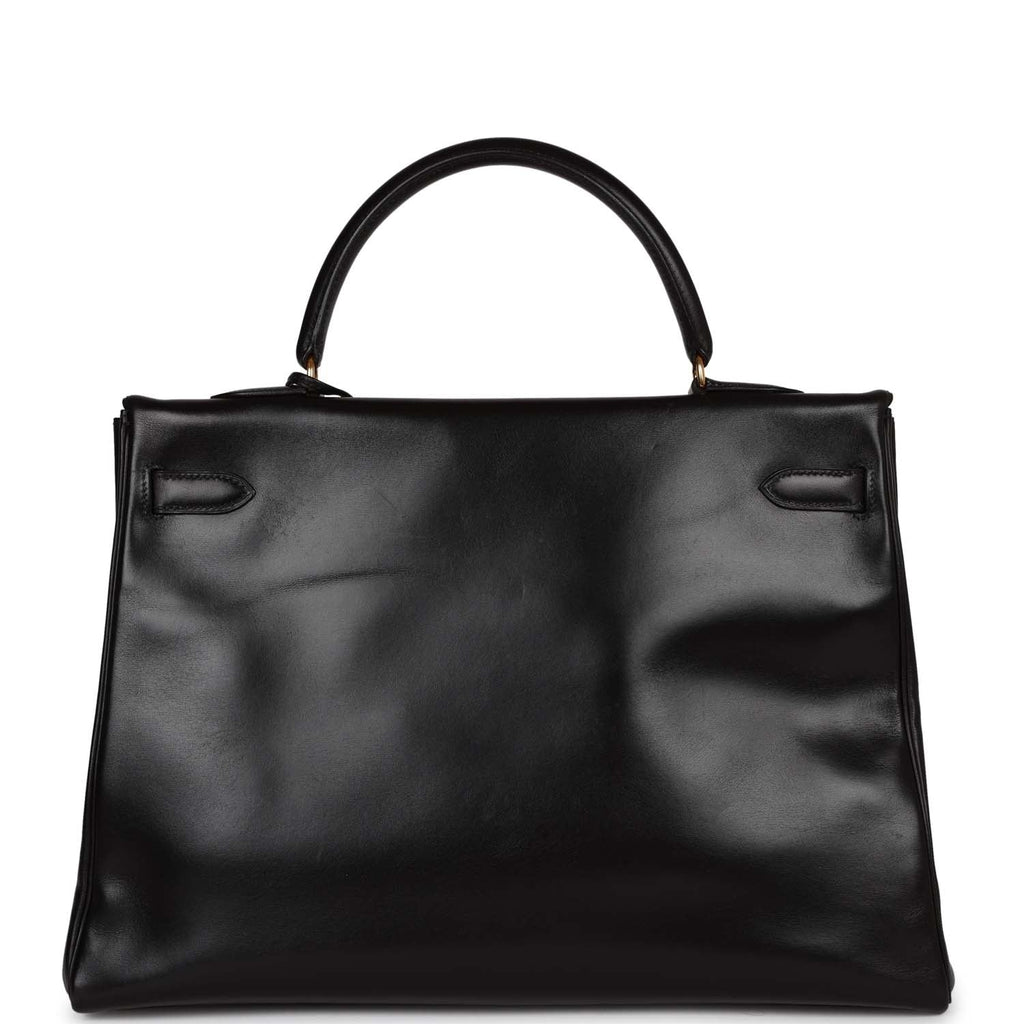 Vintage Hermes Kelly 35 Retourne Black Box Gold Hardware