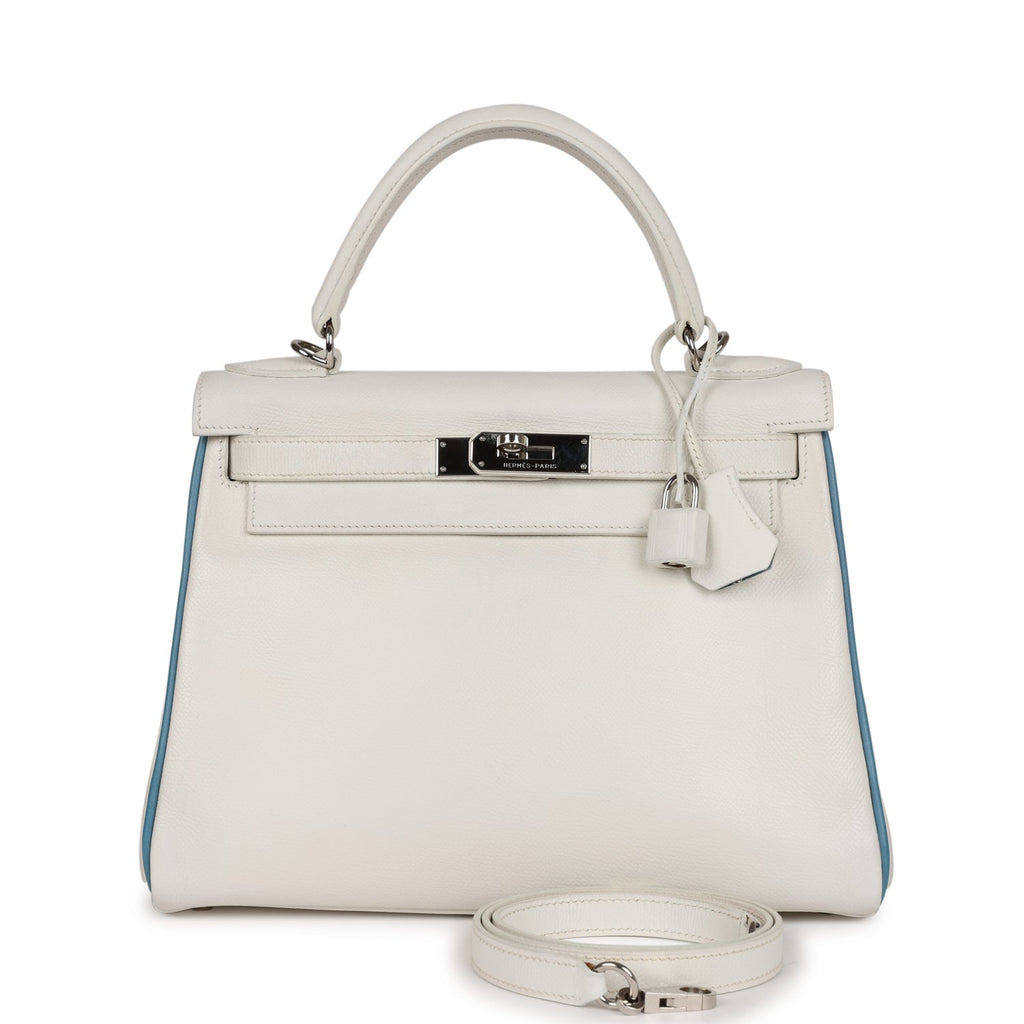 Hermes Bi-color Kelly Retourne 28 White and Blue Jean Epsom Palladium Hardware