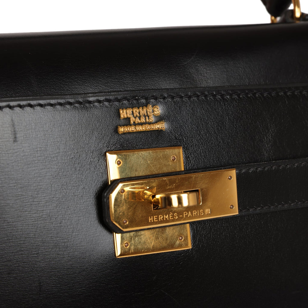 Vintage Hermes Kelly Sellier 32 Black Box Gold Hardware