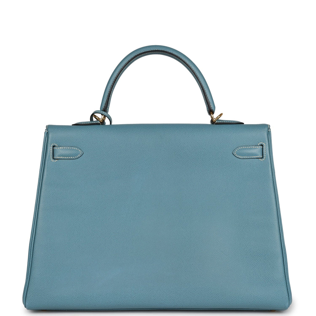 Vintage Hermes Kelly Retourne 35 Bleu Jean Epsom Gold Hardware