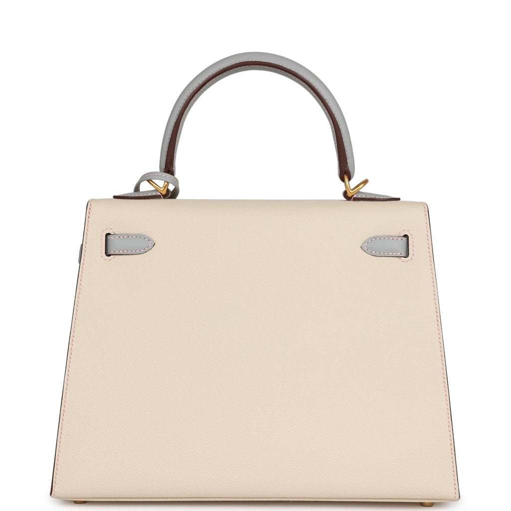 Hermes Special Order (HSS) Kelly Sellier 25 Craie and Bleu Glacier Epsom Brushed Gold Hardware
