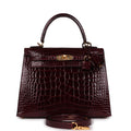 Hermes Kelly Sellier 25 Bordeaux Shiny Alligator Gold Hardware