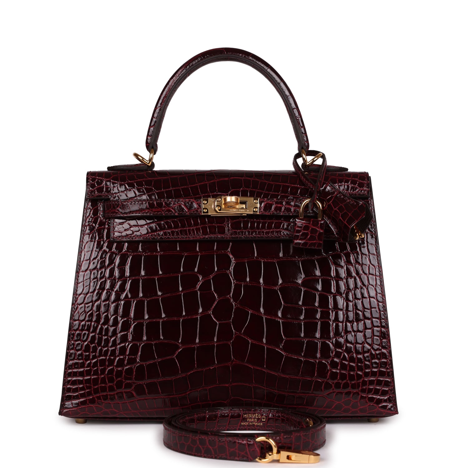 Hermes Kelly Sellier 25 Bordeaux Shiny Alligator Gold Hardware