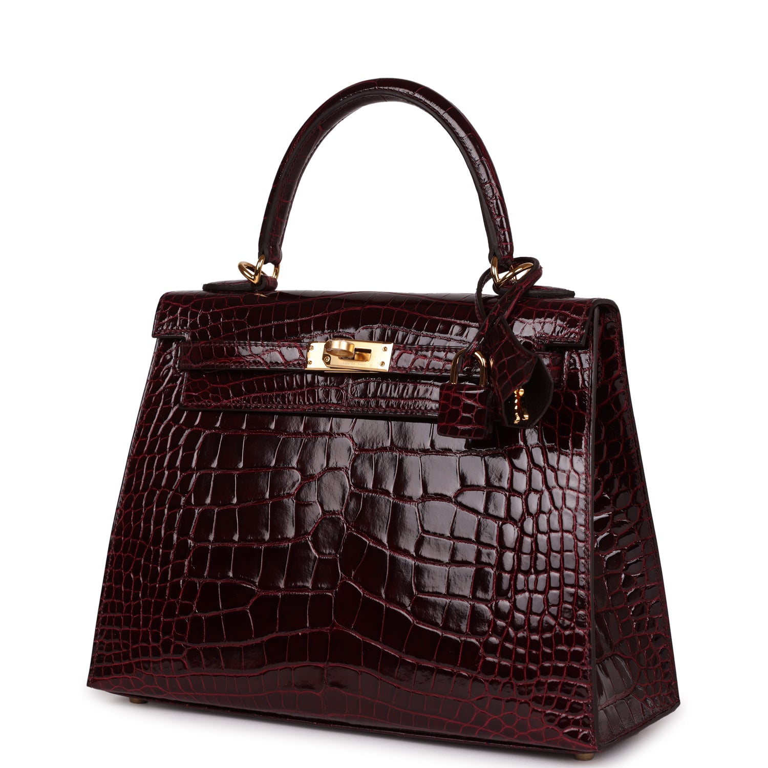 Hermes Kelly Sellier 25 Bordeaux Shiny Alligator Gold Hardware