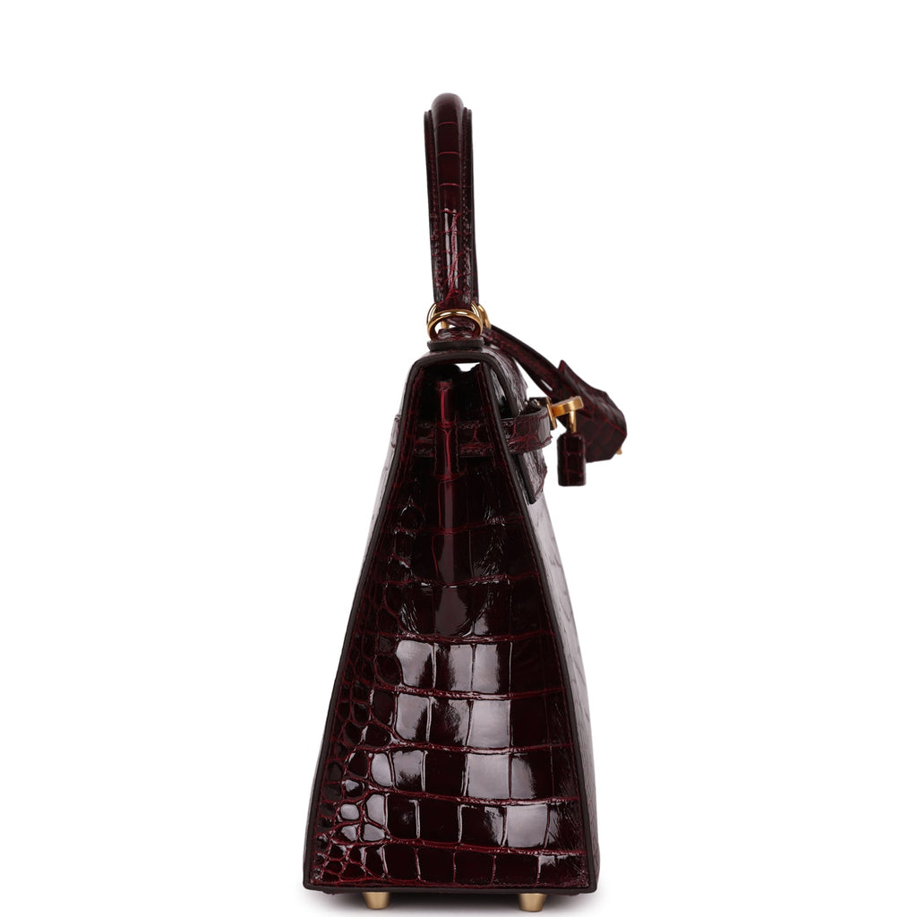 Hermes Kelly Sellier 25 Bordeaux Shiny Alligator Gold Hardware