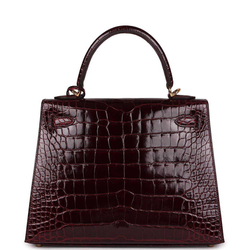 Hermes Kelly Sellier 25 Bordeaux Shiny Alligator Gold Hardware