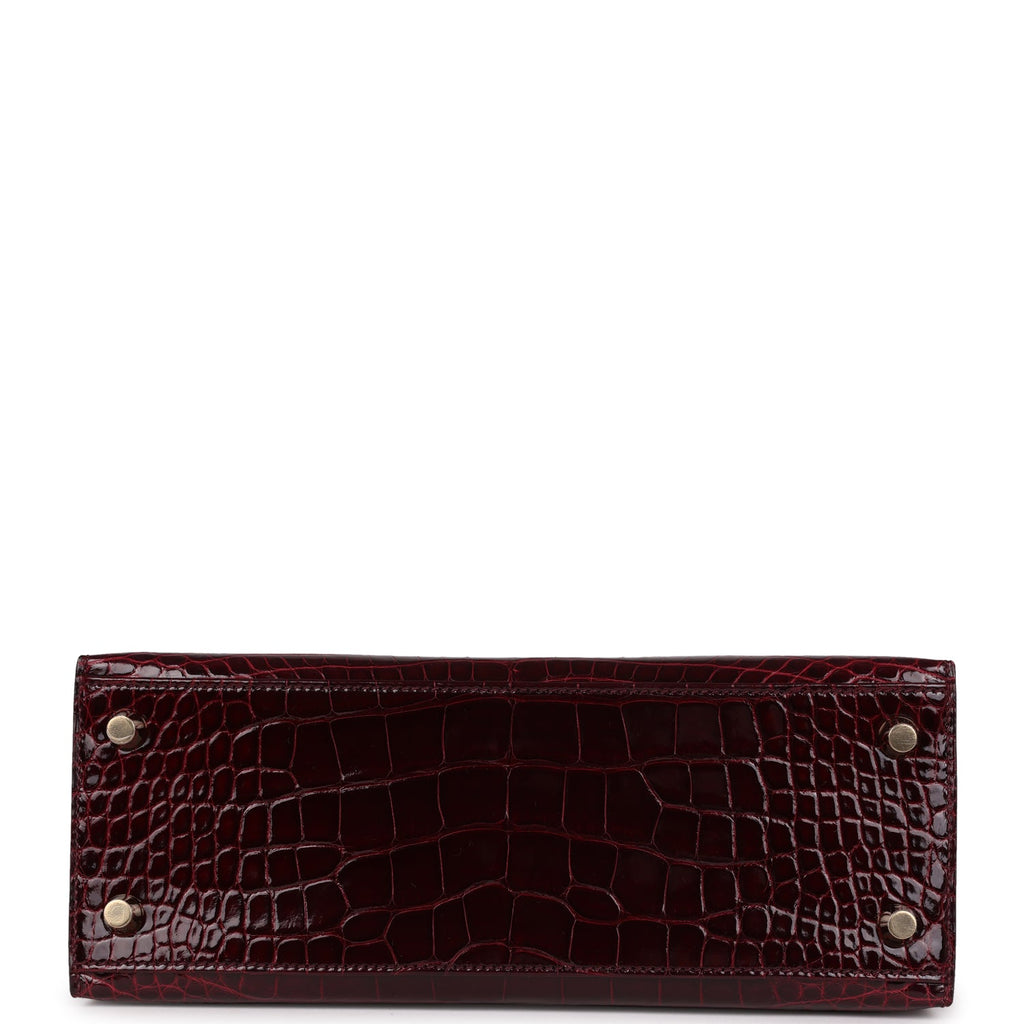 Hermes Kelly Sellier 25 Bordeaux Shiny Alligator Gold Hardware