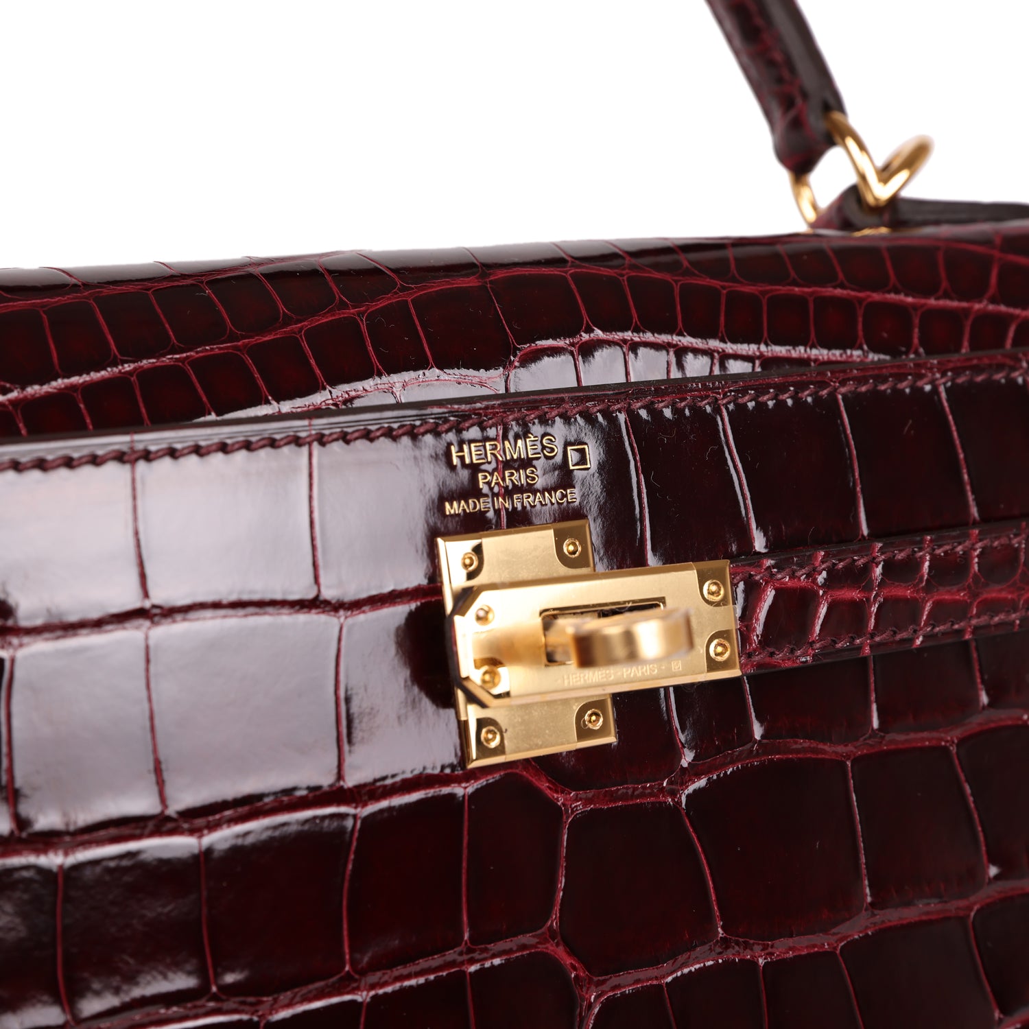 Hermes Kelly Sellier 25 Bordeaux Shiny Alligator Gold Hardware