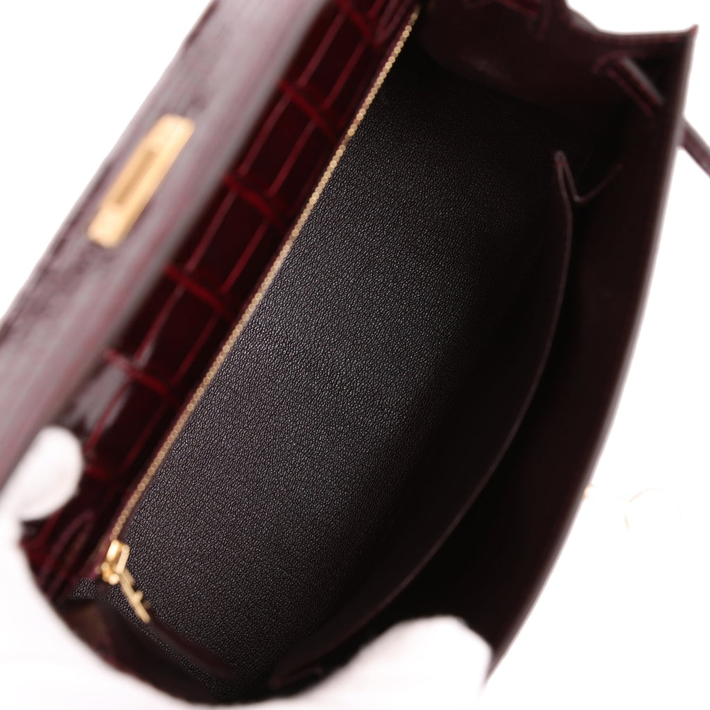 Hermes Kelly Sellier 25 Bordeaux Shiny Alligator Gold Hardware