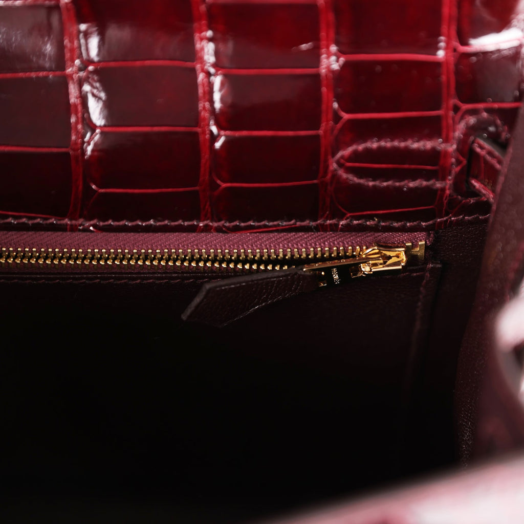 Hermes Kelly Sellier 25 Bordeaux Shiny Alligator Gold Hardware