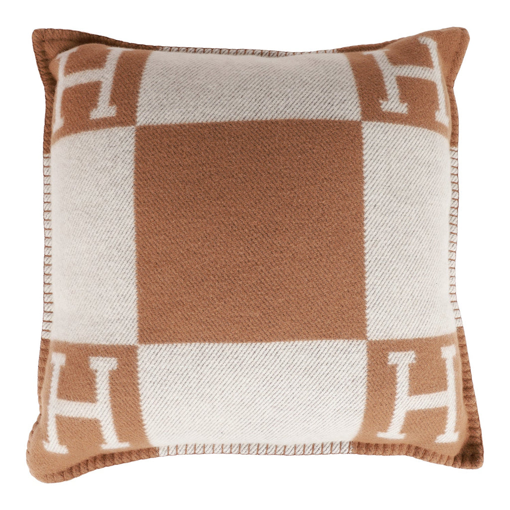 Hermes "Avalon" Ecru and Camel Signature H Cushion PM