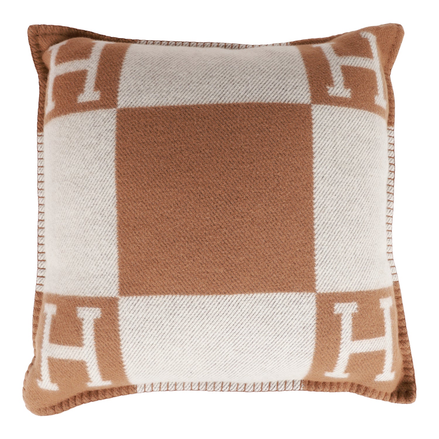 Hermes "Avalon" Ecru and Camel Signature H Cushion PM