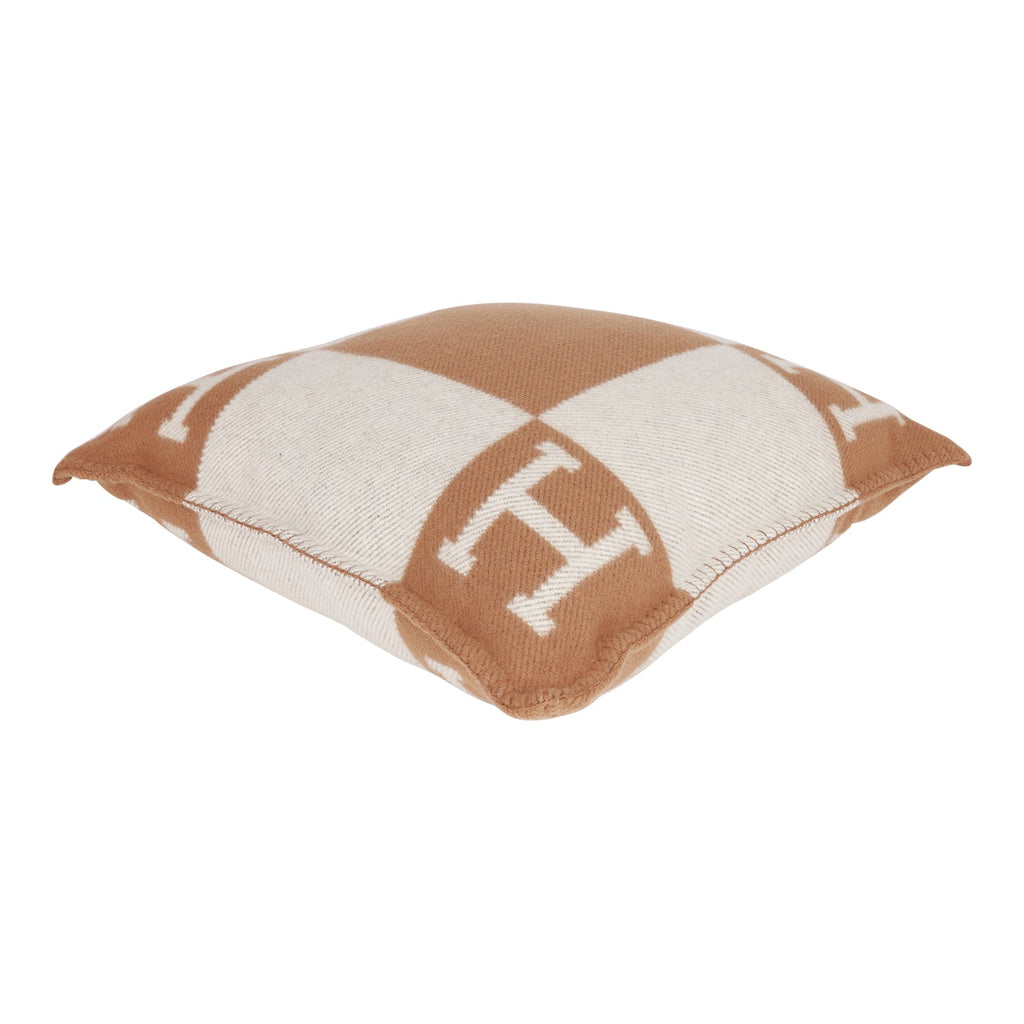 Hermes "Avalon" Ecru and Camel Signature H Cushion PM